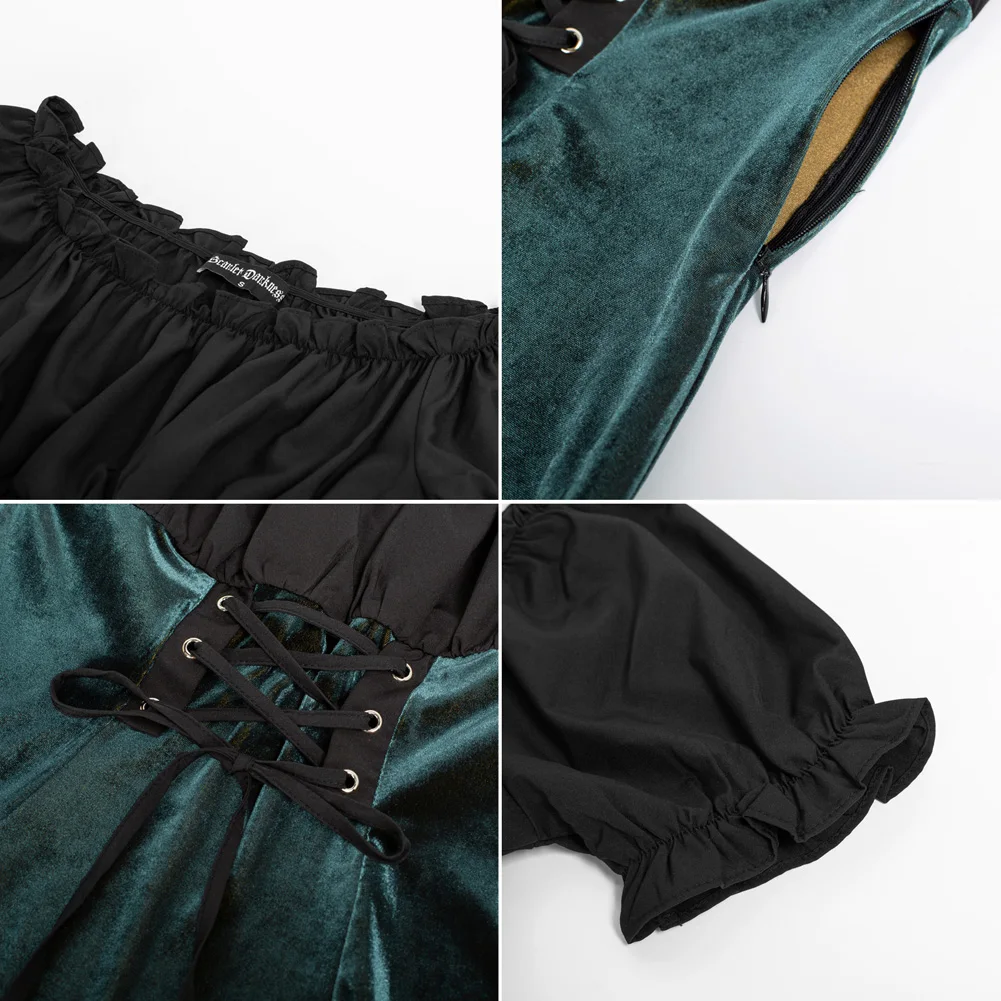 SD Women Contrast Fabric Skater Dress Short Sleeve Off Shoulder Ruffled Hem Dress Lace Up Renaissance Costume Pirate Peasant