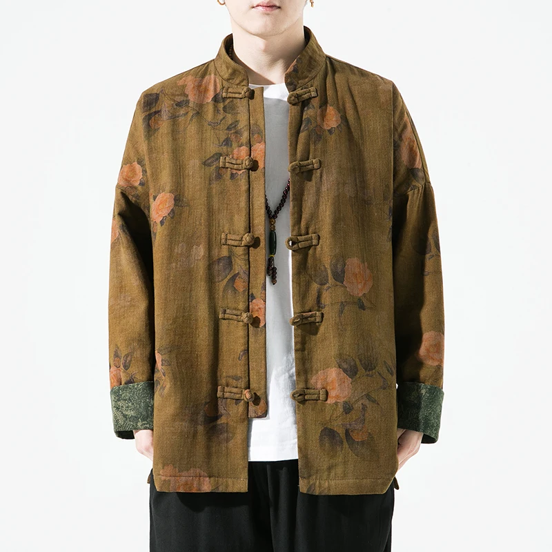 Jaqueta chinesa masculina com estampa retrô, estilo primavera, tamanho ande, casaco zhongan com botões, traje tang casual...