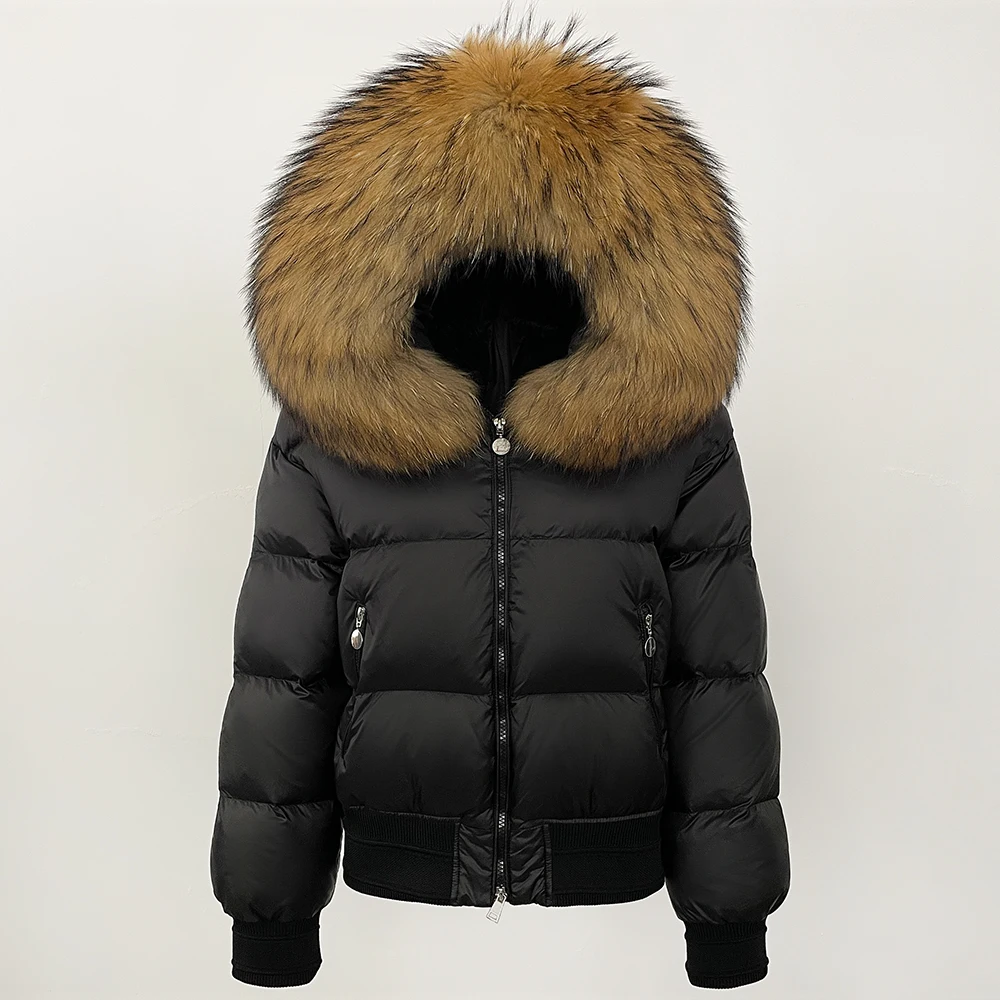 

MENINA вязаный манжет с воротником из натурального меха, белое пальто на утином пуху, большой пушистая куртка-пуховик из натурального меха енота, женская зимняя верхняя одежда 2025 г.