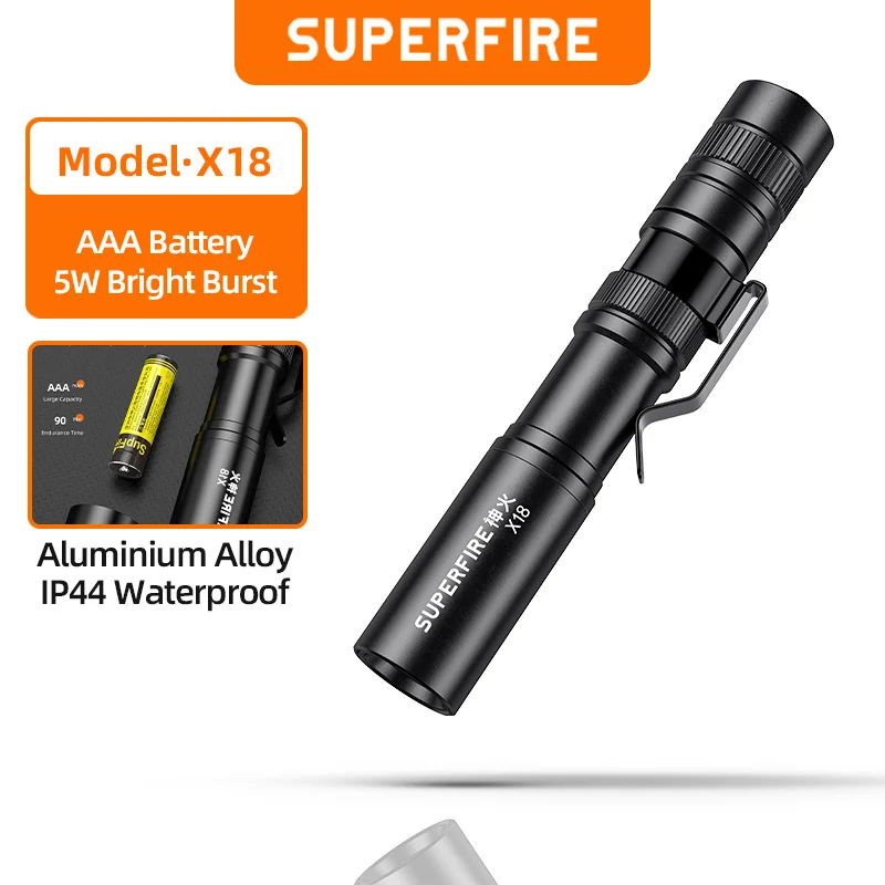 SUPERFIRE X18 미니 휴대용 LED 손전등, 슈퍼 브라이트 EDC 토치 포켓 휴대용 펜 라이트, 캠핑 낚시 비상