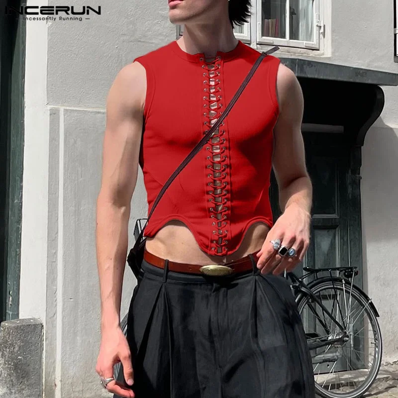 Sommer Ärmellose Tops T Einfarbig INCERUN Mode Spitze-up Männer Tank Tops Sexy Tops Unregelmäßigen männer Kleidung oversize