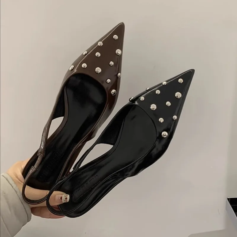 

2025 Women's High Heels Pointed Toe Cover Toe Side Cutout Women Heels Solid Studs Thin Heels Leisure Dress Sandalias De Mujer