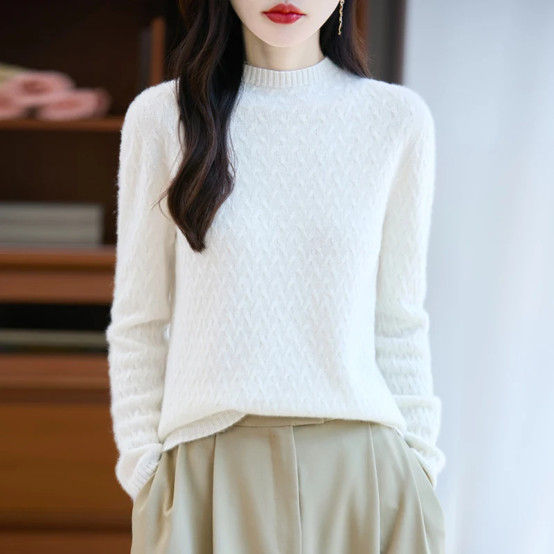 

Fashion Autumn Winter 100% Merino Wool Women Sweater Solid Mock Neck Long Sleeve Basic Jumper Spring Clothing Knitwear Tops