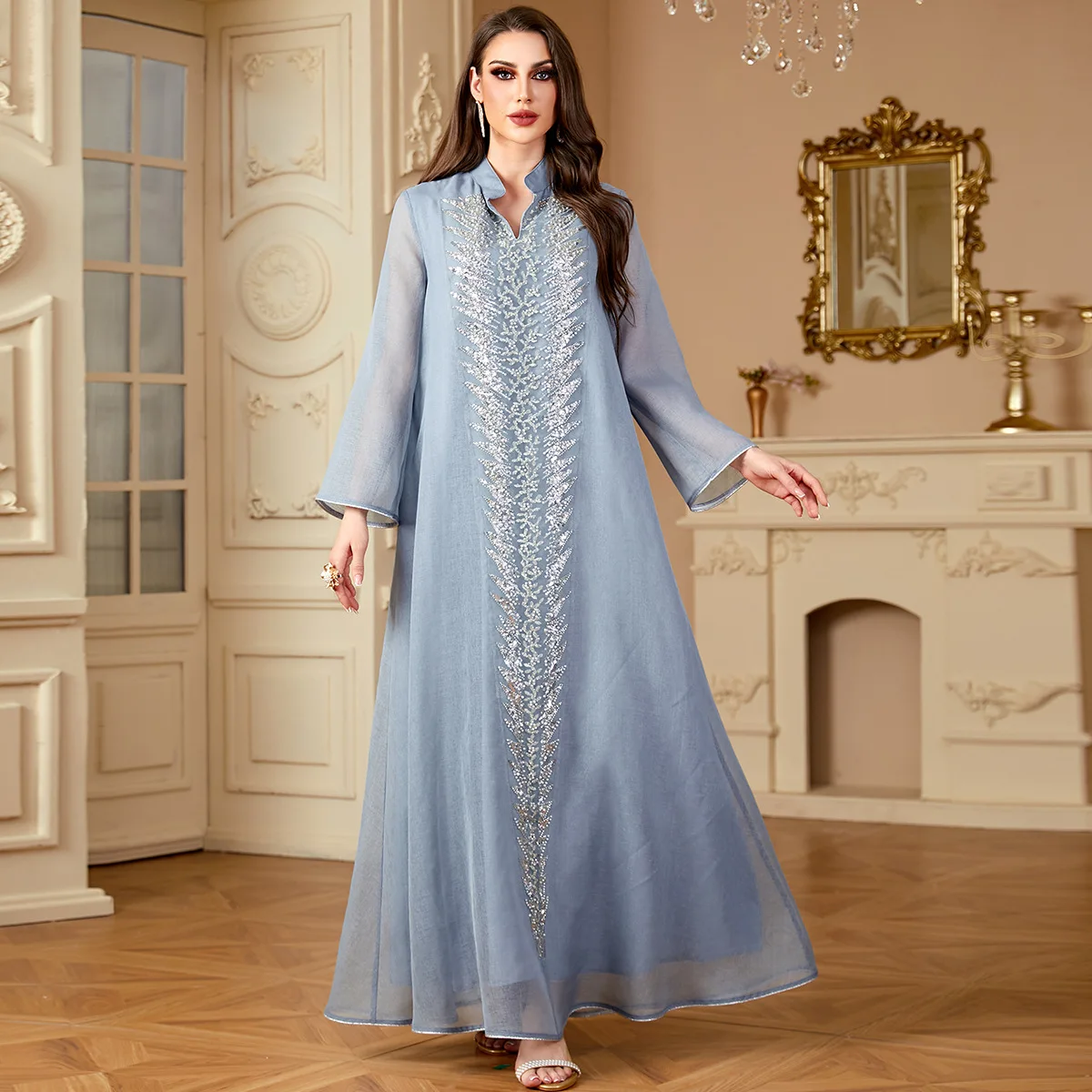 Abaya, Middle East Women's Robes Heavy Beaded Embroidery Muslim Fashion Solid Color Long Sleeve Dress, Dubai Evening Dress Women