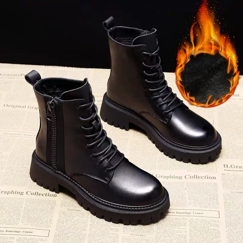 

Autumn and Winter Black Women's Boots Fashion Wear Resistant Women Shoes with Velvet Zipper Women's Leather Boots platform boots