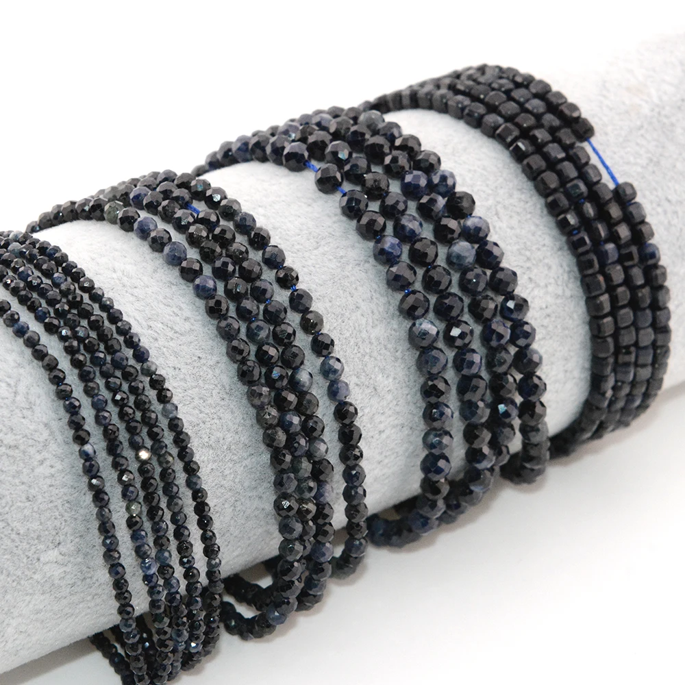 Natural Dark Sapphire Faceted Round / Cube Beads 2mm,3mm,4mm,For Jewelry Making DIY Bracelets Necklace , Length 39cm