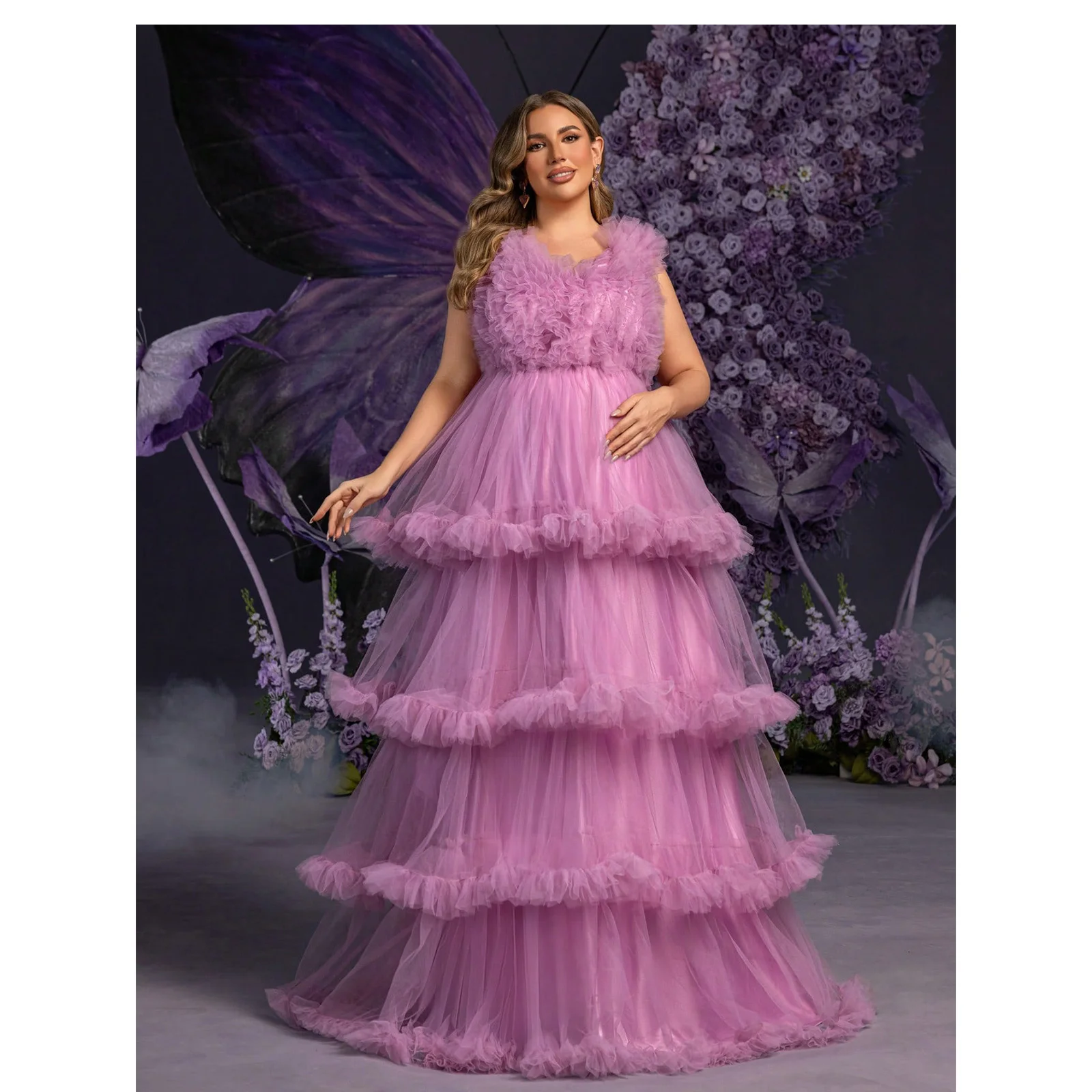 Plus-size maternity evening dresses with ruffles and multi-layered tulle skirts, suitable for maternity photoshoots, weddings