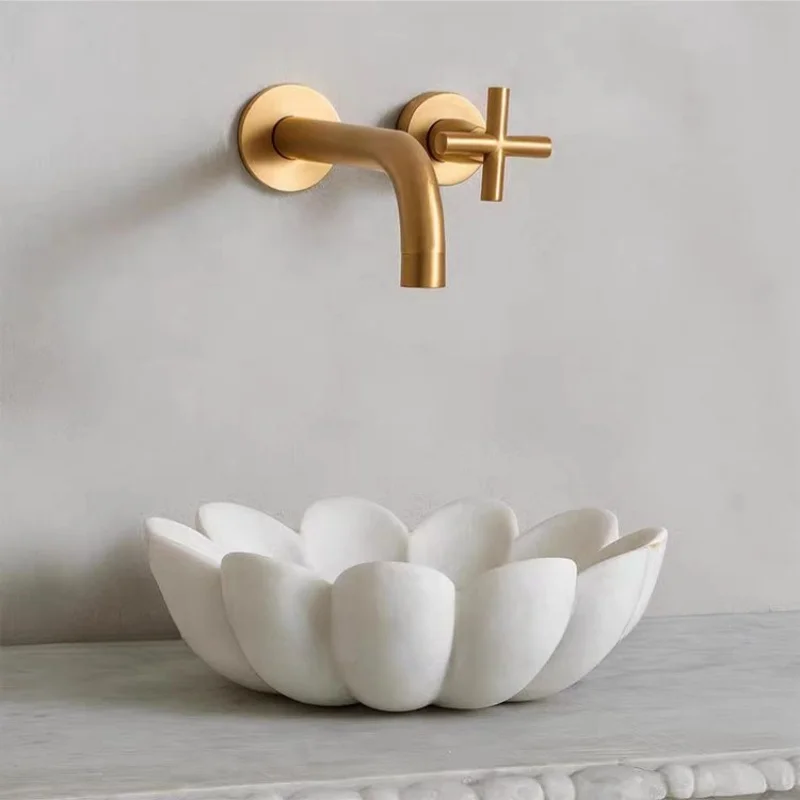 Stonekocc Natural Marble White Washbasin Highlight Petal Art Form Modern Eco-Friendly Bathroom Countertop Bowl Decorated Basin