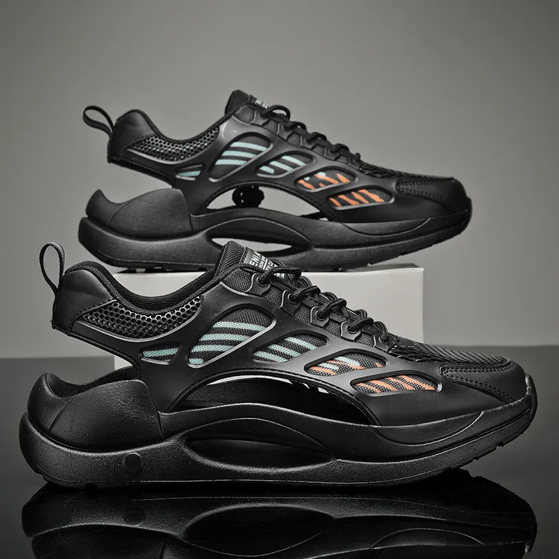 トレンディなメンズサンダルアウトドアメンズ通気性メッシュ表面ビーチシューズユースレジャー包頭中空フレームノンスリップマンビーチシューズ