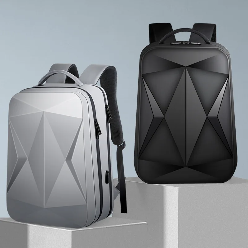 Mochila de concha dura para hombre, bolsa para portátil de negocios de gran capacidad con puerto USB, diseño de rombos, bolsa escolar para estudiantes universitarios de moda