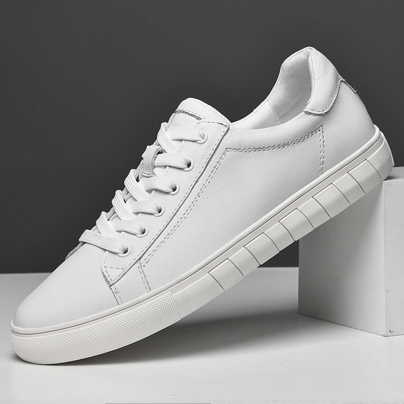 

Genuine Leather Flats Sneakers Men Solid Color black white Simple All-match Basic Shoes lace up oxfords Casual Male shoes