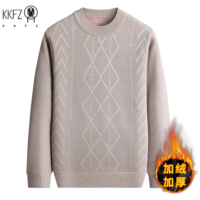 Thick Fleece Men Crew Neck Jumper Vintage Cable and Diamond Woven Texture Soft Knit Fabric Outdoor Daily Warm Top