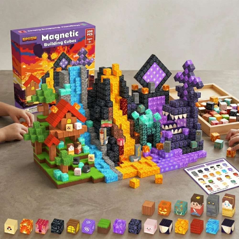 

3D Magnetic Cubes Bricks, Volcano Forest Lava Game Scene Set, Creative Educational STEM Toy, DIY Model Building Kit Gift Box