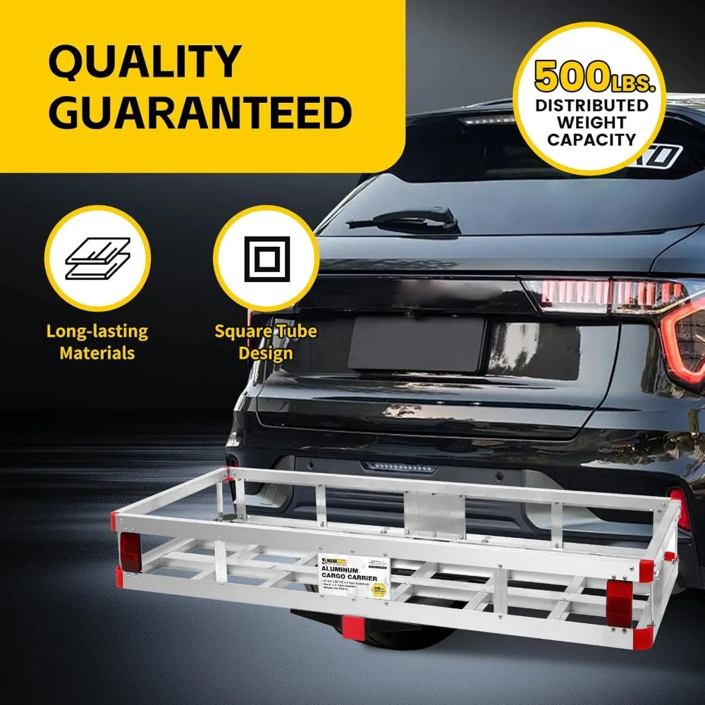 Aluminum Cargo Carrier With High Side Rails Trailer Hitch Mount For RVs Trucks SUVs Vans Cars 2 Inch Receiver 500LB Capacity