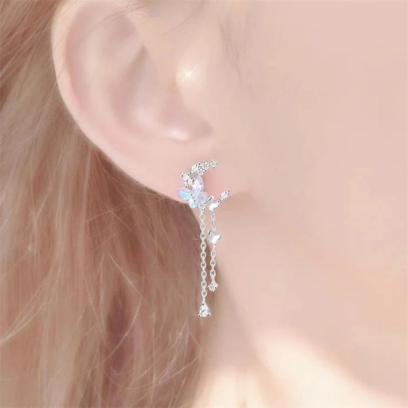 Zarte, niedliche Zirkon-Mond-Quasten-Schmetterlings-Ohrstecker für Damen, koreanische neue Mode, asymmetrische Ohrringe, Partyschmuck – Detail 3