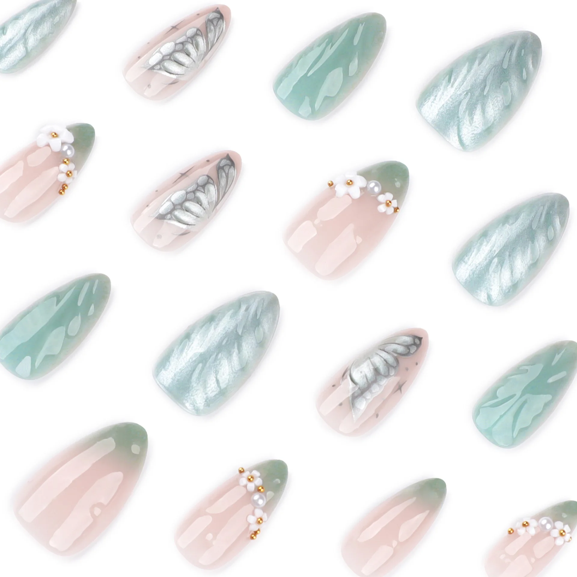 Faux ongles en amande verte fraîche, 24 pièces, avec motif floral 3D, à pression, pour filles, portant des patchs européens détachables