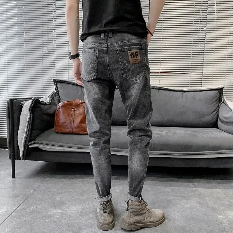 Men's Jeans Stretch Cropped Punk Trousers Elastic Man Cowboy Pants Summer Aesthetic Cotton 90s Streetwear Classic Korean Style