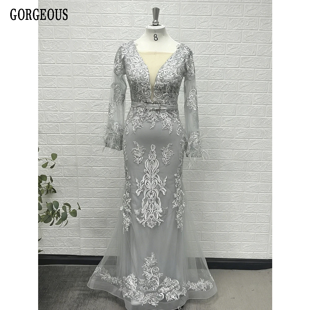 Silver Prom Dresses 2025 Women V-Neck Long Sleeves Feathers Evening Gowns Lace Applique Beaded  Sexy Mermaid Formal Party Dress