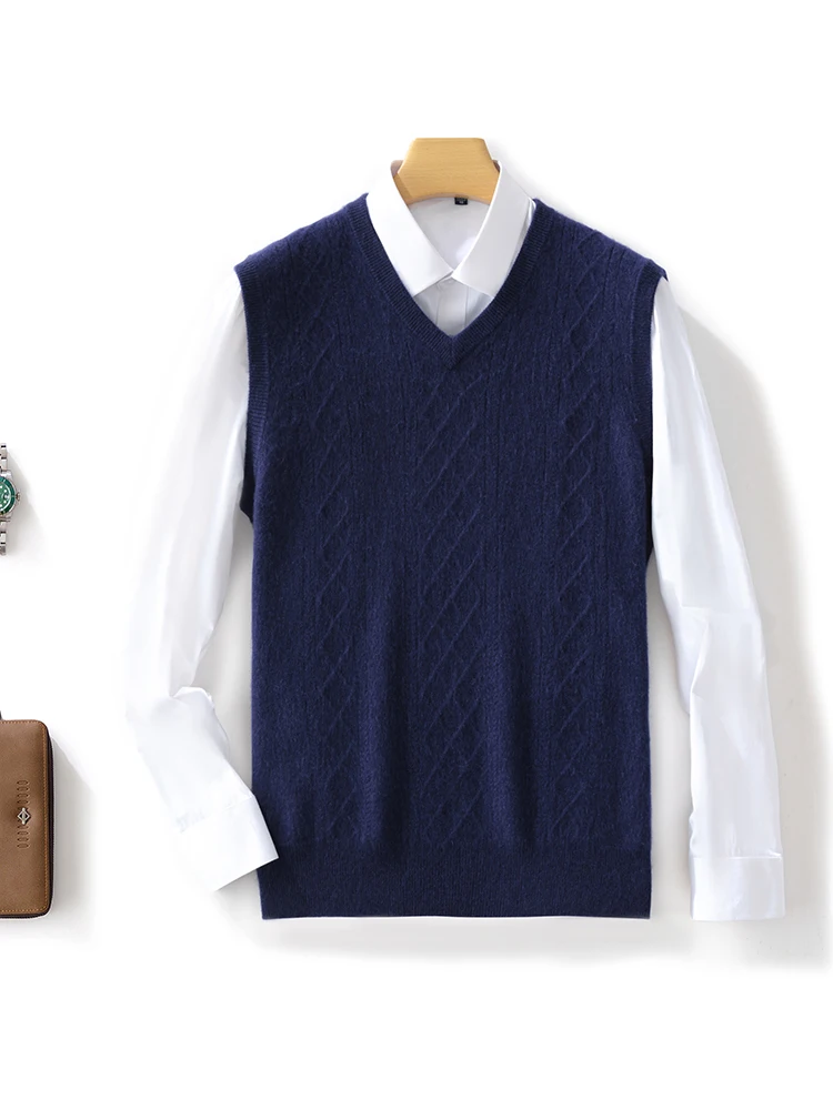 100% Merino Wool Men's V-neck Vest Autumn Winter Casual Fashion Cashmere Sleeveless Knitted Sweater