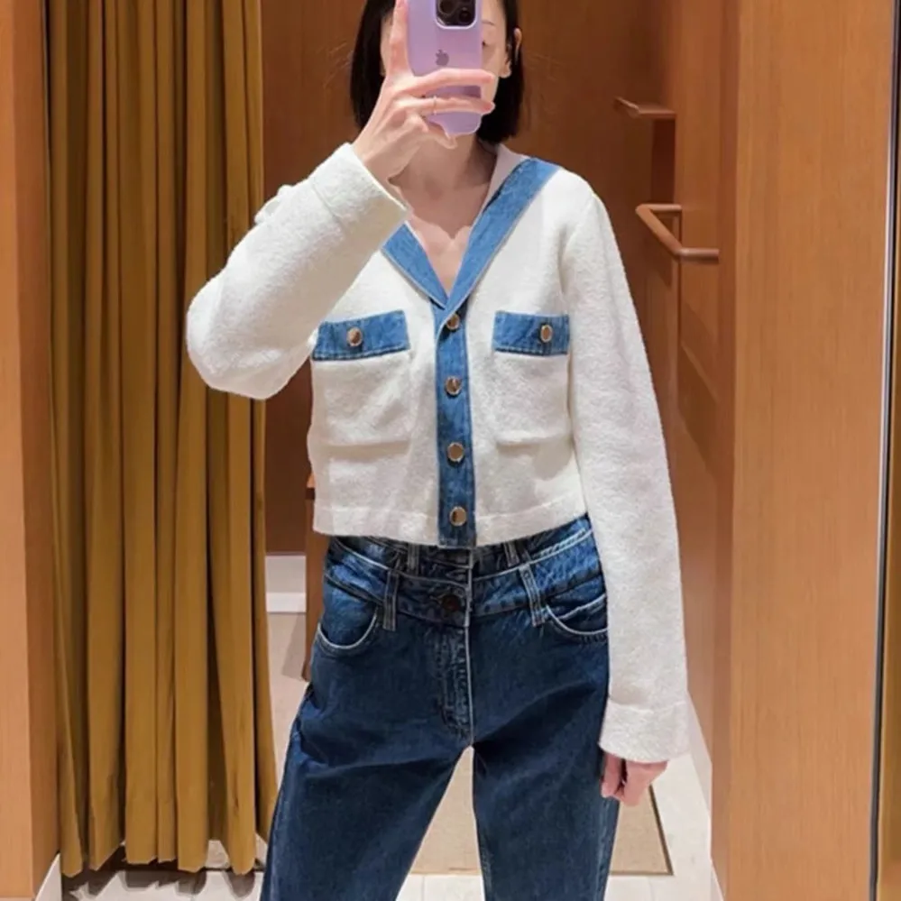 

Naval Sle Knitted Outerwear Top High-End Version Mixed Denim Light Nautical Colors Women's Spring Faion Sve Size