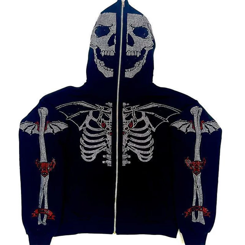 2024 European and American Cross border Women's New Loose Top Y2K Skull Hot Diamond Hooded Zipper Men's Sweatshirt