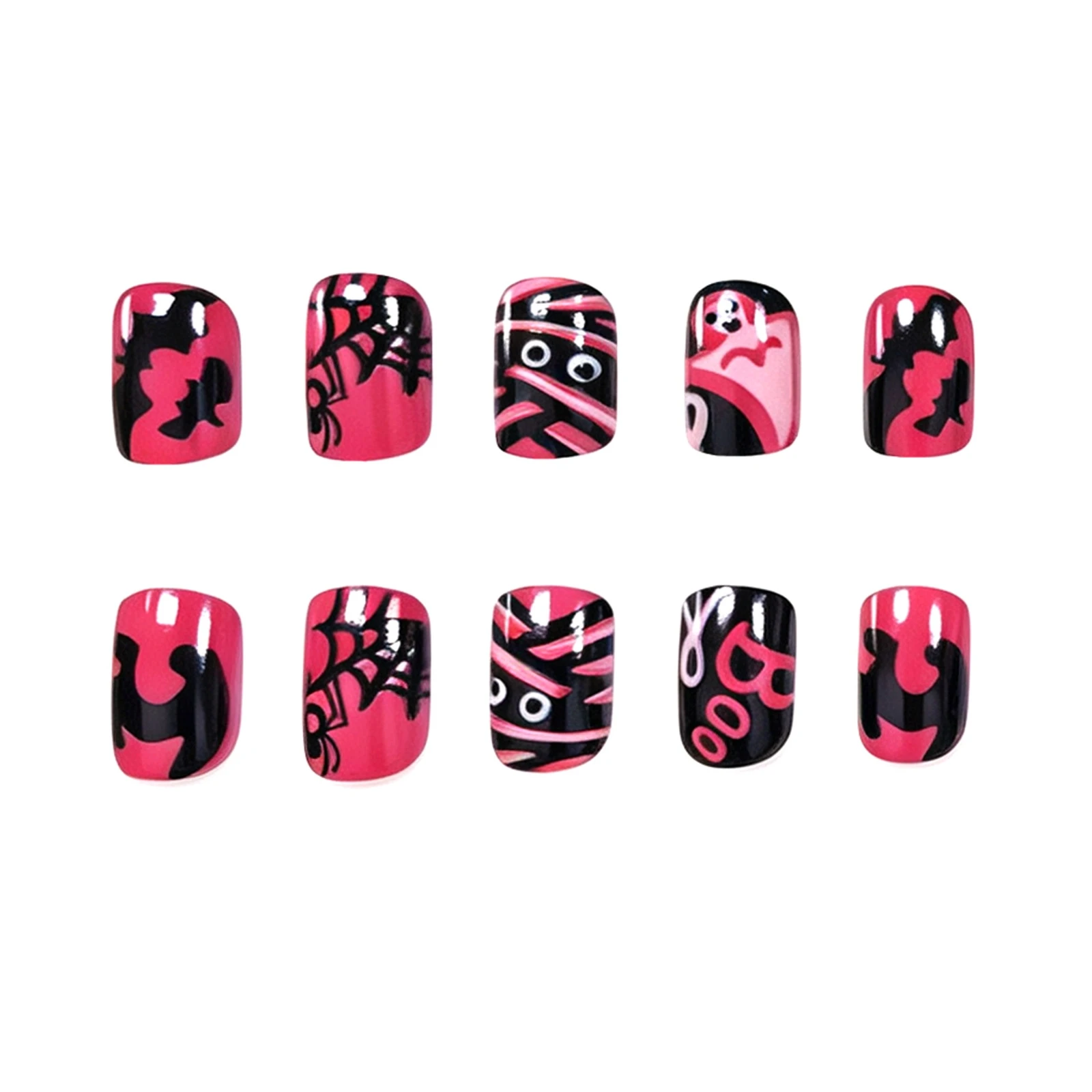 24 Stück rosa-schwarz farbblockierte künstliche Nägel im Halloween-Stil, kurze quadratische Kunstnägel mit Bandage-Geister- und Spinnendesign, zum Aufkleben. – Detail 3