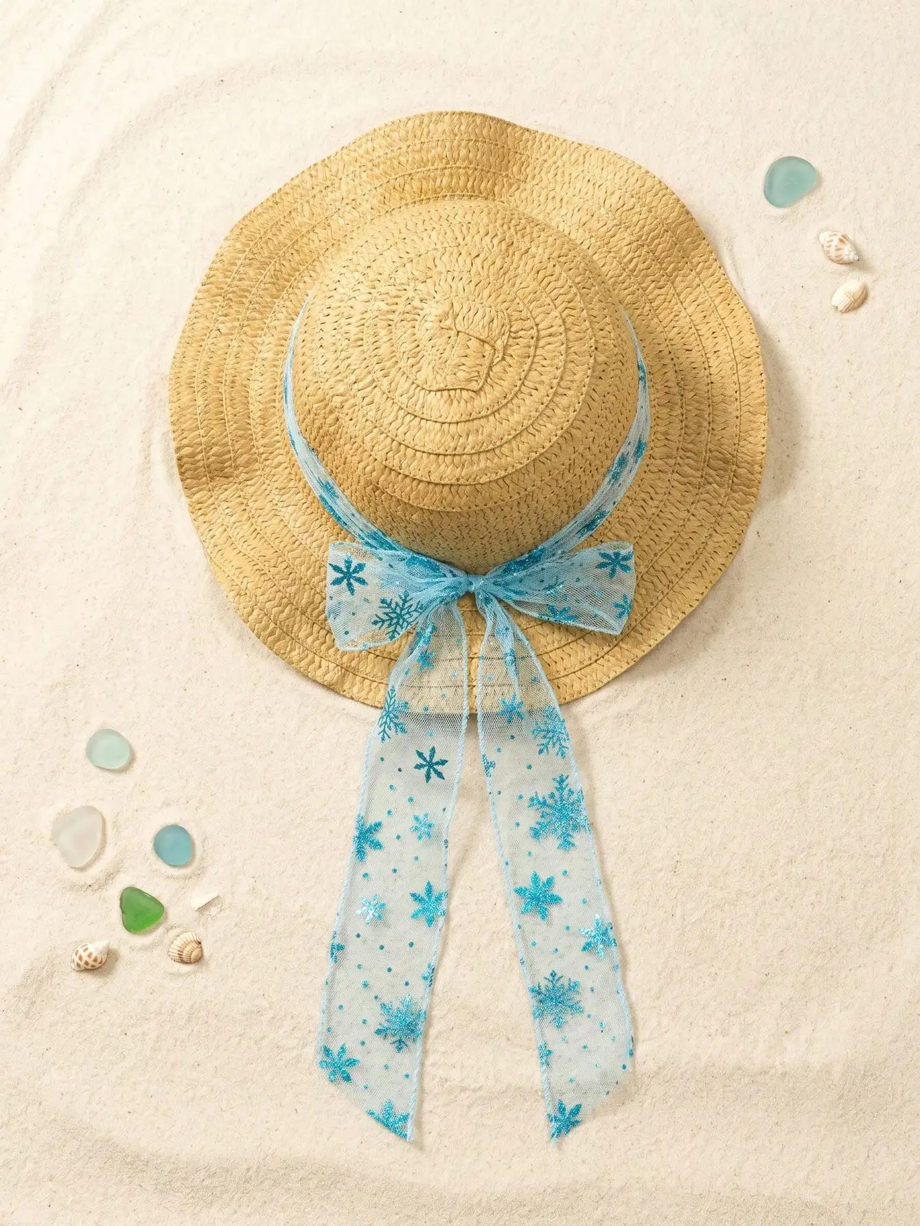 1pcs Girl Kids Beige Straw Sun Hat With Blue Ribbon Summer Beach Shade Cap
