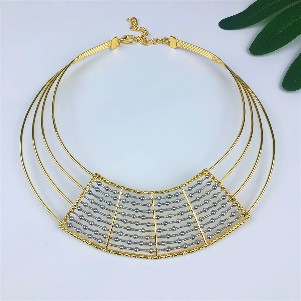 Geometric Two Tones Collar 4Pcs Jewelry Set for Women Chunky Necklace Drop Earrings Bracelet Ring Bridal Wedding Party Gifts