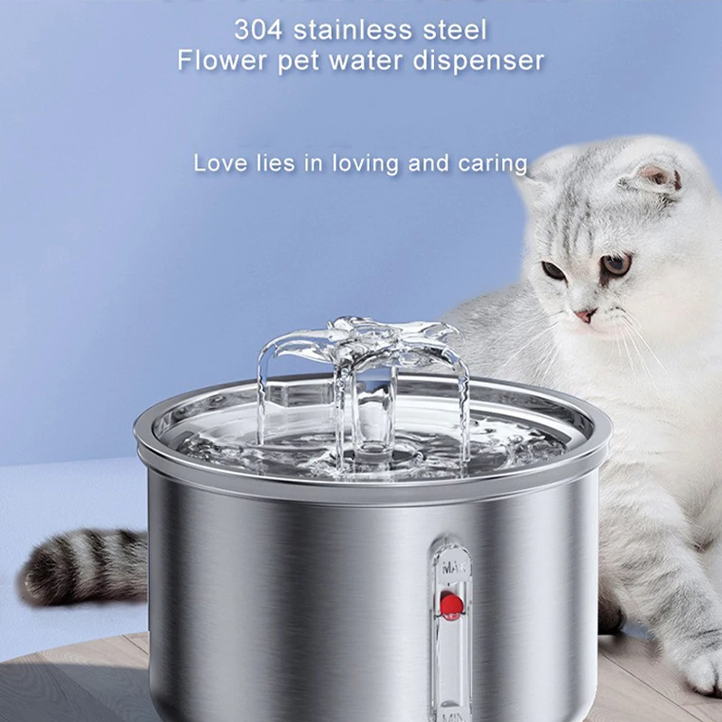 New Cat Water Dispenser Stainless Steel Automatic Recirculating Filtration Watchable Water Level Pet Water Feeder