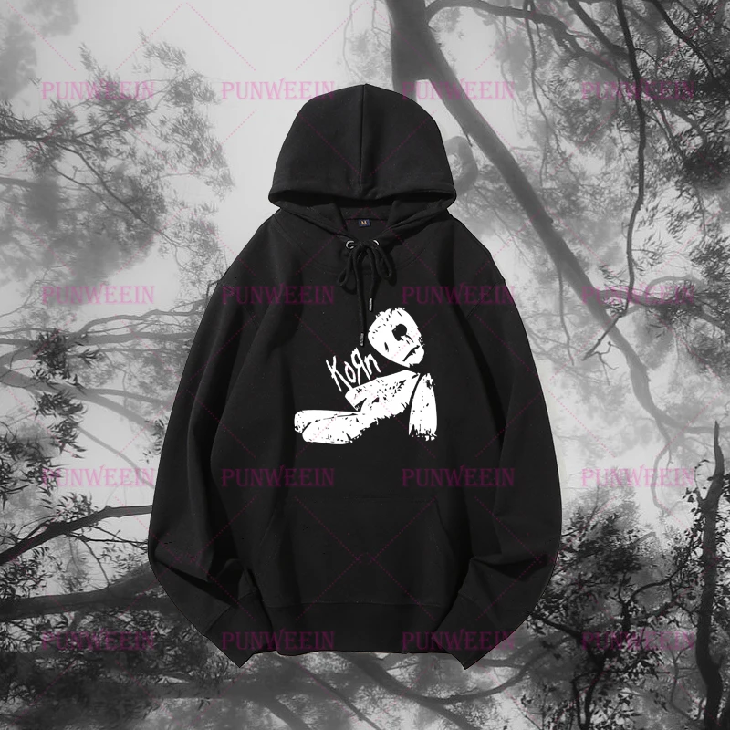 KORN 헤비 메탈 고스 레터 프린트 후드 하라주쿠 루즈 풀오버 Y2K 힙합 빈티지 블랙 펑크 밴드 스웨트 캐주얼 후디