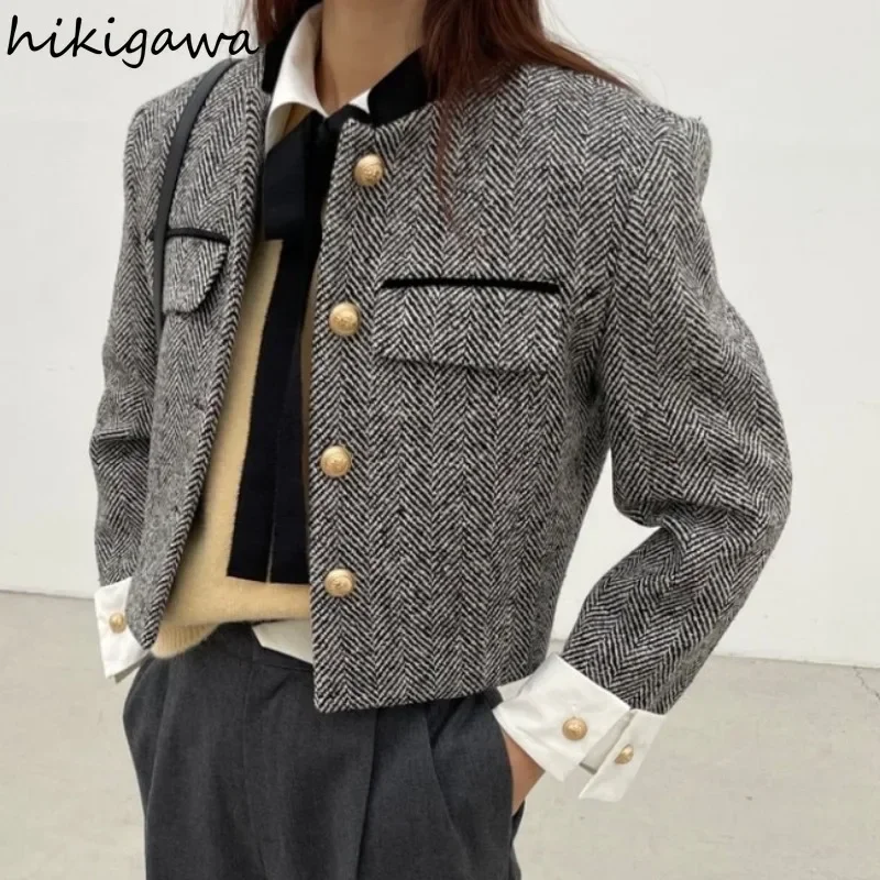 Jackets for Women's Metal Buttons Plaid Coat Vintage Crop Tops Short Outwear Mujer Thicked Tweed Korean Chic Temperament Coats