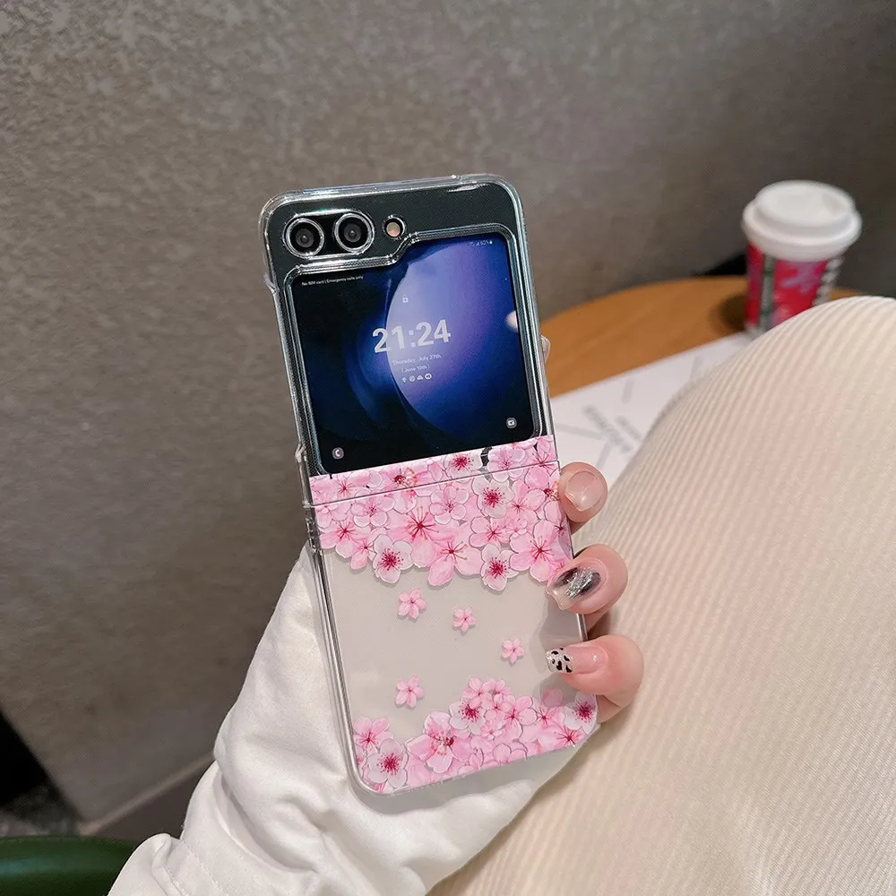 For Samsung Galaxy Z Flip 3 4 5 Case Floral Transparent Folding with Bracelet Shockproof Protection Hard Back Cover Accessorie