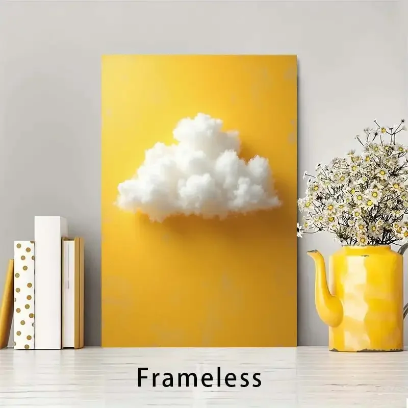2026--Canvas Painting Frameless Cloud Art Print - Modern Minimalist Wall Dec, Yellow Background with Fluffy White Cloud Perfect