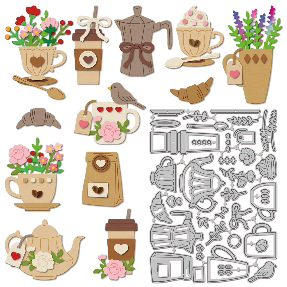 Blumen- und Kaffee-Stanzformen aus Kohlenstoffstahl für DIY-Scrapbooking, dekorative Prägung, Papierkarten, Getränke für Handarbeit