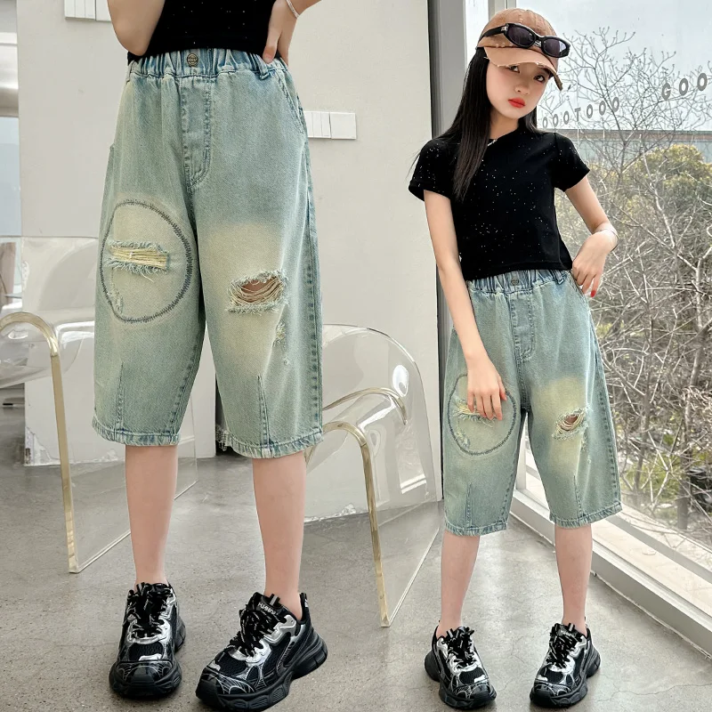 Child Street Destroyed Denim Shorts with Hole for Girl Straight Cut Capris Jeans Pants Kids Casual Mid-Calf Ripped Summer Shorts
