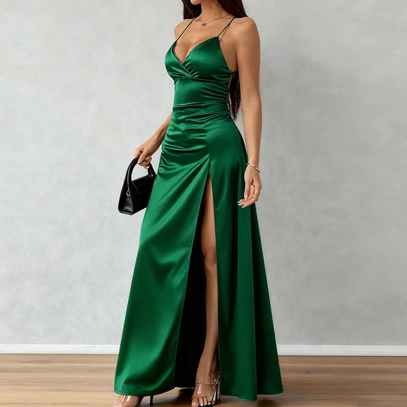 Vestido de satén de cintura alta ajustado con abertura, vestido Sexy de cóctel con tirantes y cuello en V para mujer, vestidos largos de Color sólido a la moda 2026