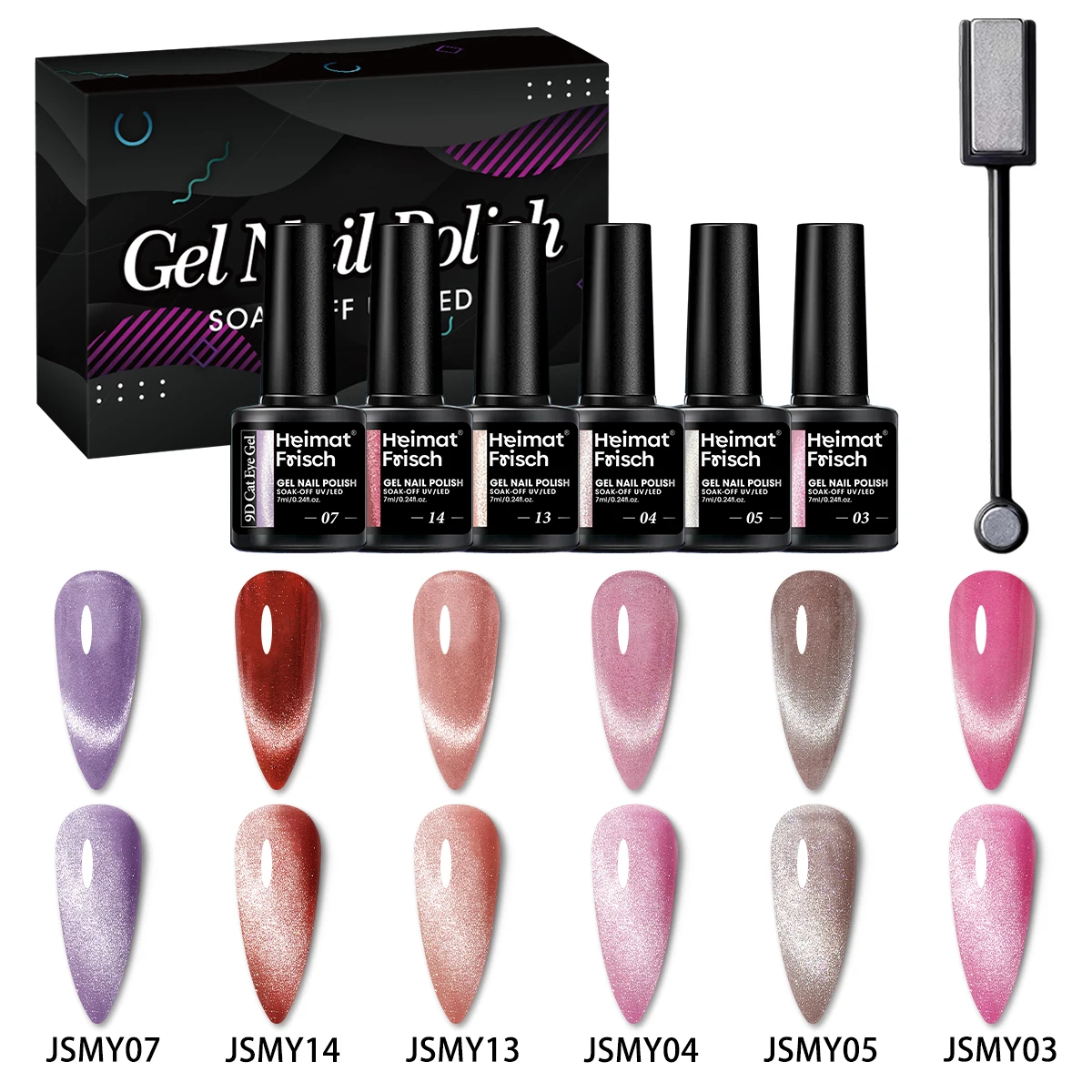 Cat Eye Gel Nail Polish Set with Magnet, 6 Colors of Glitter, Alcohol Free, Liquid Formula, Suitable for Manicures and Nursing.