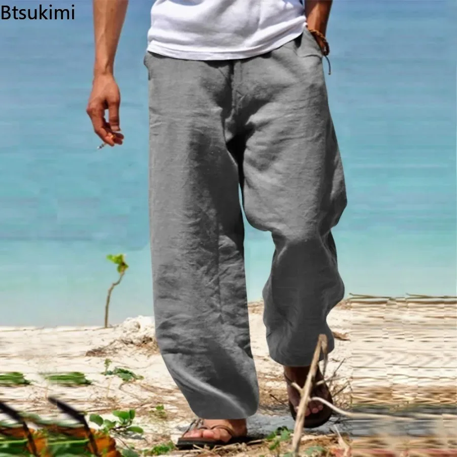 New Men's Summer Cotton Linen Pants Solid Breathable Loose Casual Beach Trousers Men Drawstring Straight Pants Fitness Joggers
