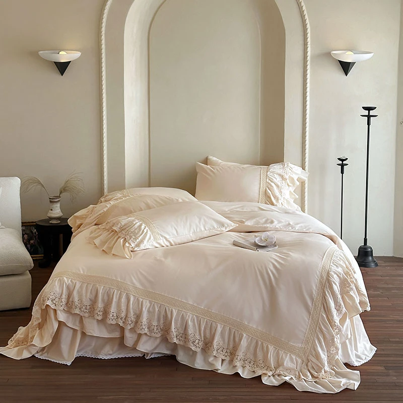 

Elegant French Lace Ruffle Duvet Cover Set Double Queen 100%Cotton Chic Bedding set for Women Girls with Bed Skirt Pillowcases