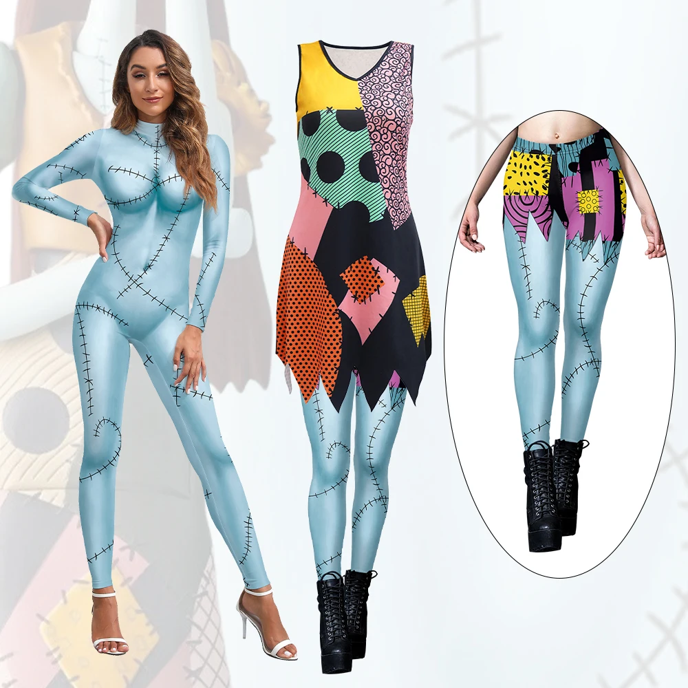 Women's Sally Dress Suit Halloween Cosplay Costumes Set Colorful Patchwork Print Dresses Clothing Party Day of The Dead Dress Up