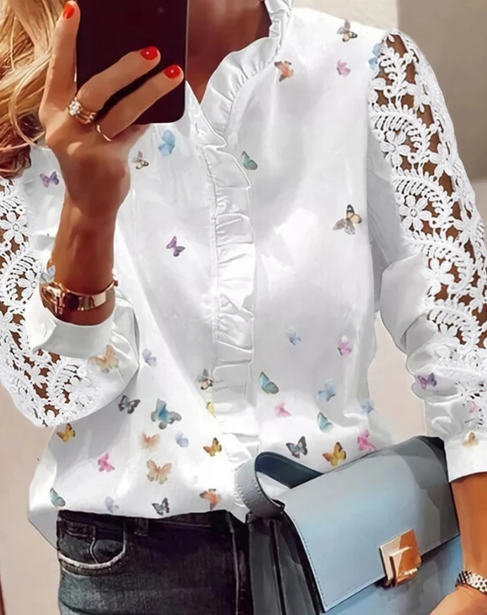 Camisa de mujer Tops moda volantes diseño ahuecado encaje estampado de mariposa cuello en V manga larga Patchwork blusa Casual diaria