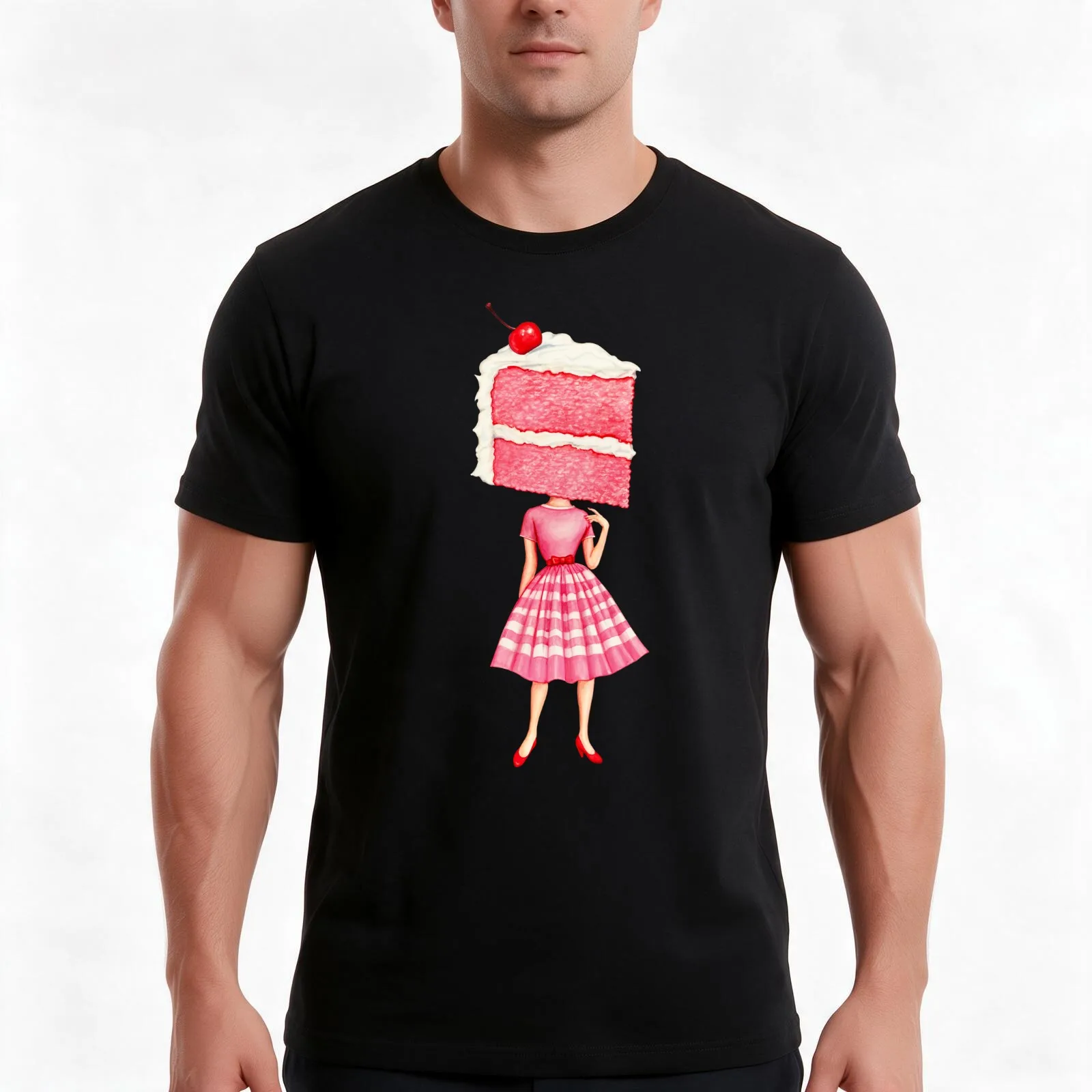 Cake Head Pin-Up: Cherry T-Shirt, Summer Casual Cotton Tee, Oversized Streetwear Tops, Vintage Graphic Print, Unisex Men Women