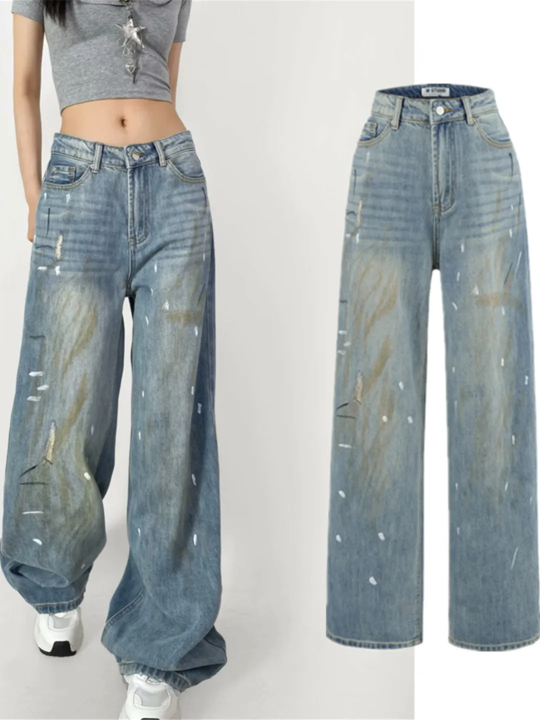 

Ретро ручной работы с завышенной талией Тяжелые джинсы Du Industrial Sle Широкие джинсы Дизайн Sensation Повседневные длинные брюки с высокой талией Модные брюки...