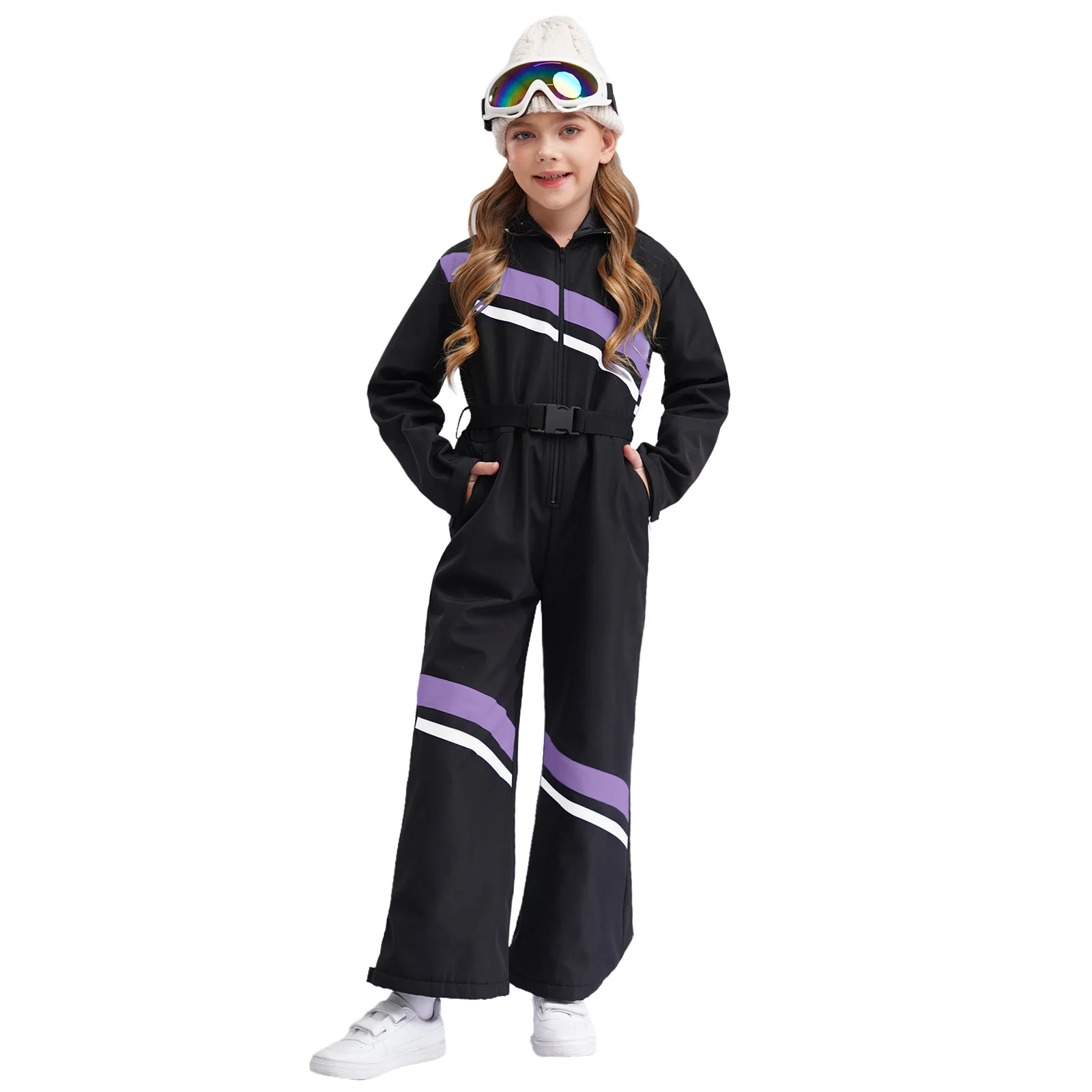Kids Girls Ski Jumpsuit Long Sleeve Zipper Color Block Hooded Bodysuit with Belt for Skiing Snowboarding Mountaineering Pants