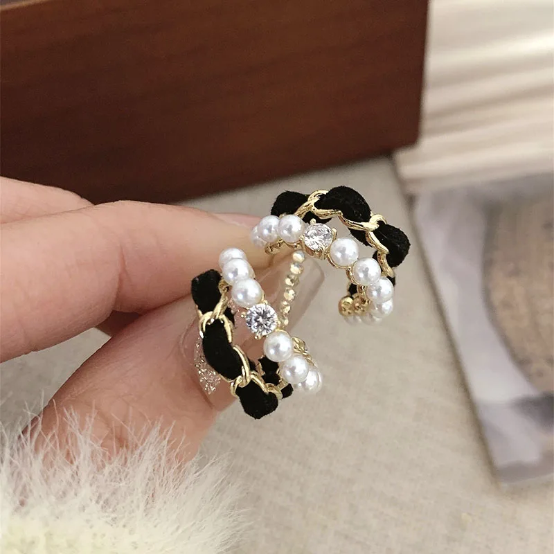 Black Velvet C Shape Drop Earrings for Women Rhinestones Metal Pearl Korea 2024 New  trend  Earrings Fall Winter Party jewelry