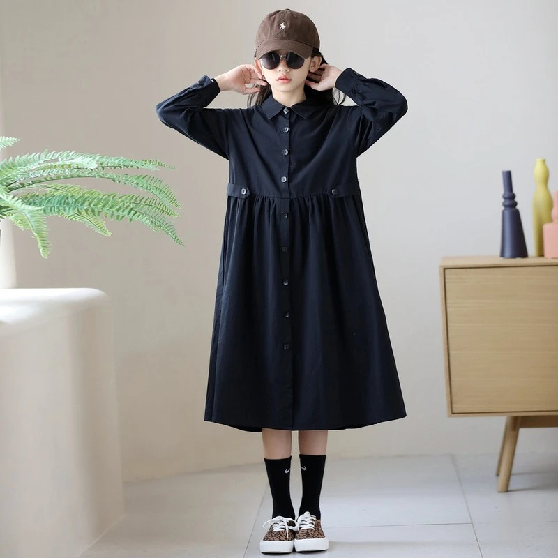 

Korean Style Girls Long Sleeve 100%Cotton Shirt Dress Girls Casual Midi Dress Loose Robe Girl Navy Blue Casual Shirt Dress CL618