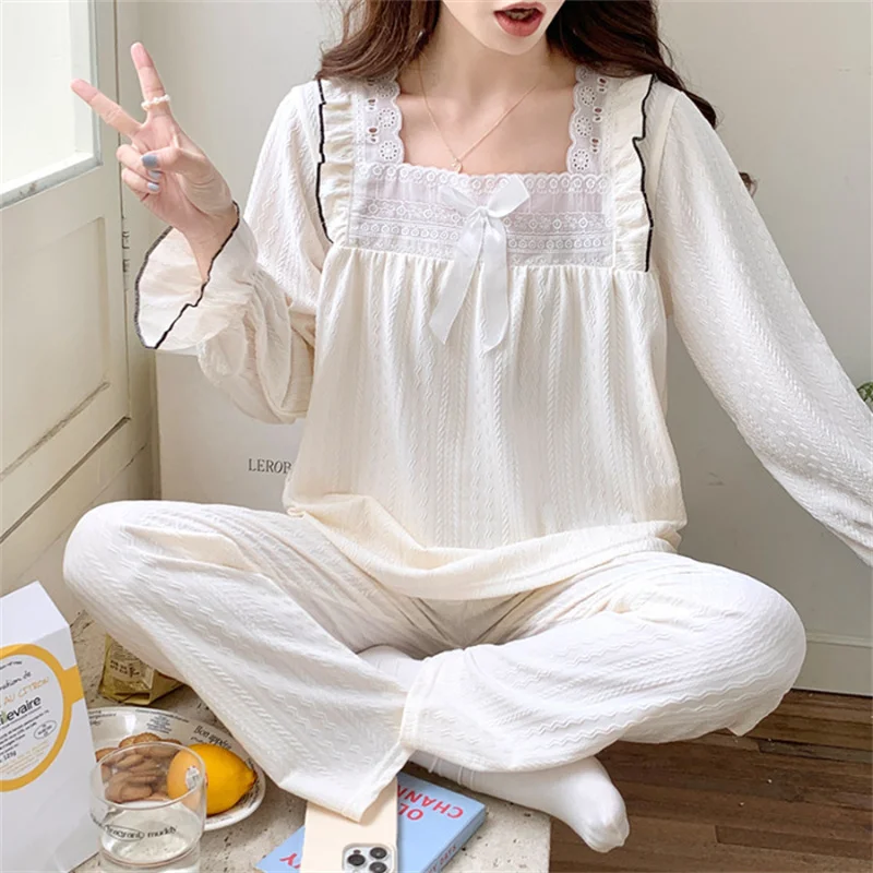 Spring Autumn Princess Style Print Sleepwear Set Long Sleeve Top Pants Ruffle Home wear Skin-Friendly Breathable Pajama