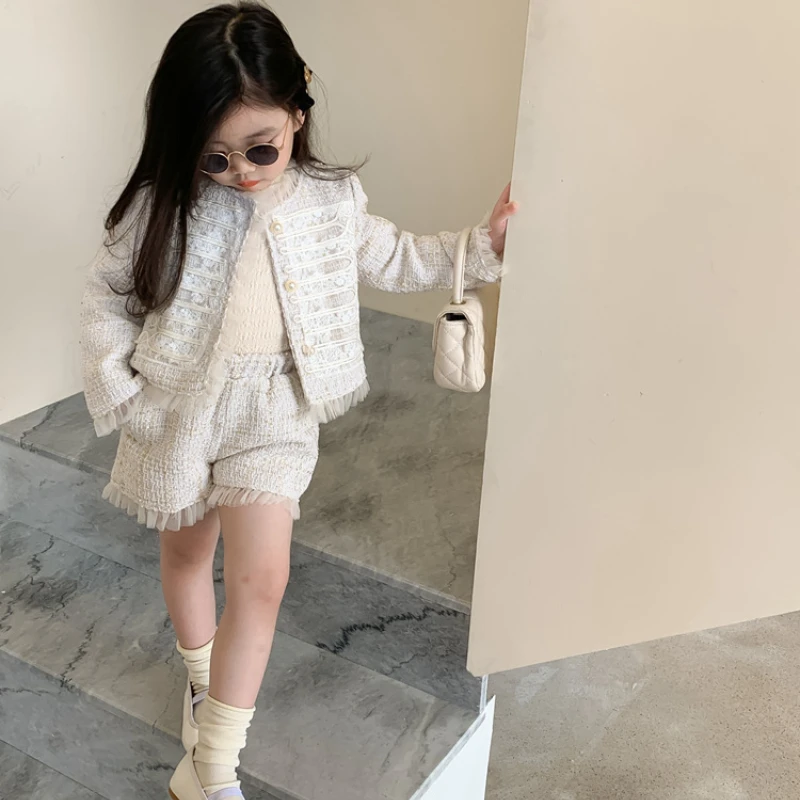 Children Clothes Sets Korea 2022 Spring Autumn Girls Lace Coat and Short Pants Sweet Princess Full Solid Baby Girl Clothes Set