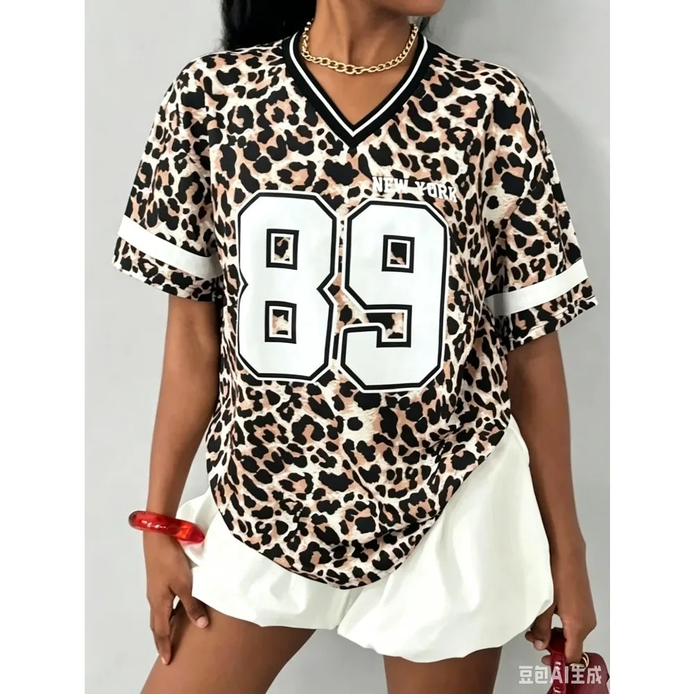 NEW YORK Print Womens Short Sleeve TShirts Summer Fashion Leopard Print Graphic Tee Baseball Jerseys Sport T-Shirt Fashion Top