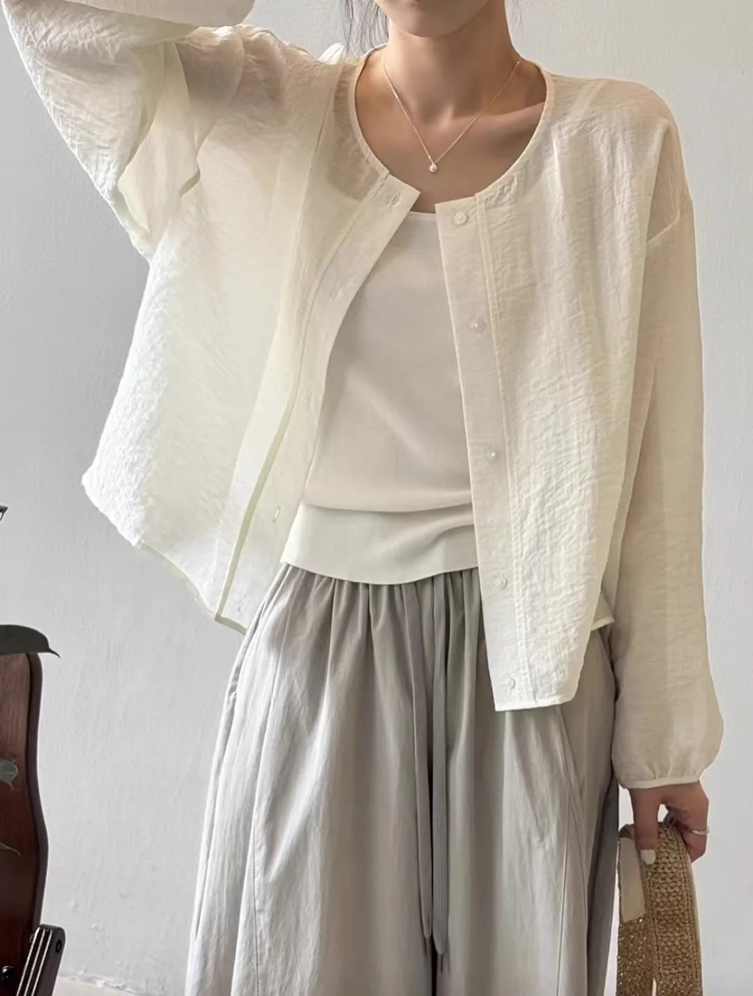 Blu Nuovo Cinese Sle Chic Estate delle Donne irt Sottile Tuta Sportiva Protezione Solare Luce Lungo Sve rotondo Ne Button up Casual Top